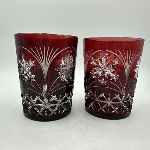 2 Bohemian AJKA Crystal Ruby Red Etched Glasses Snowflake Winter Holiday RARE - Picture 8 of 13